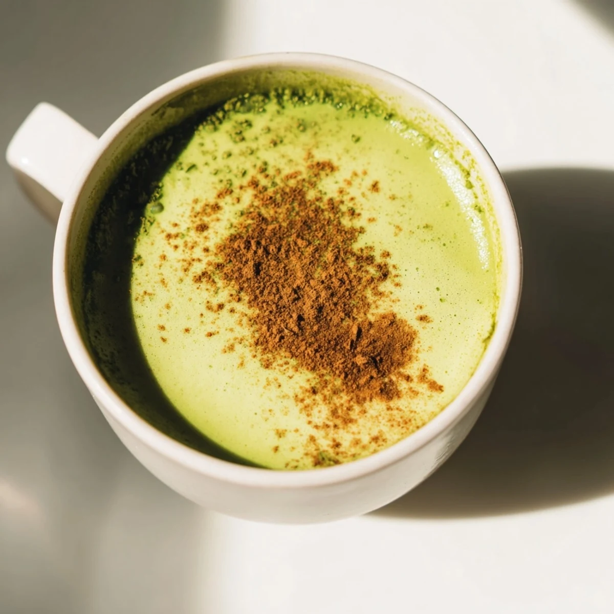 Frothy Cinnamon Maple Oat Milk Matcha Latte, garnished with cinnamon, perfect for a cozy afternoon treat.