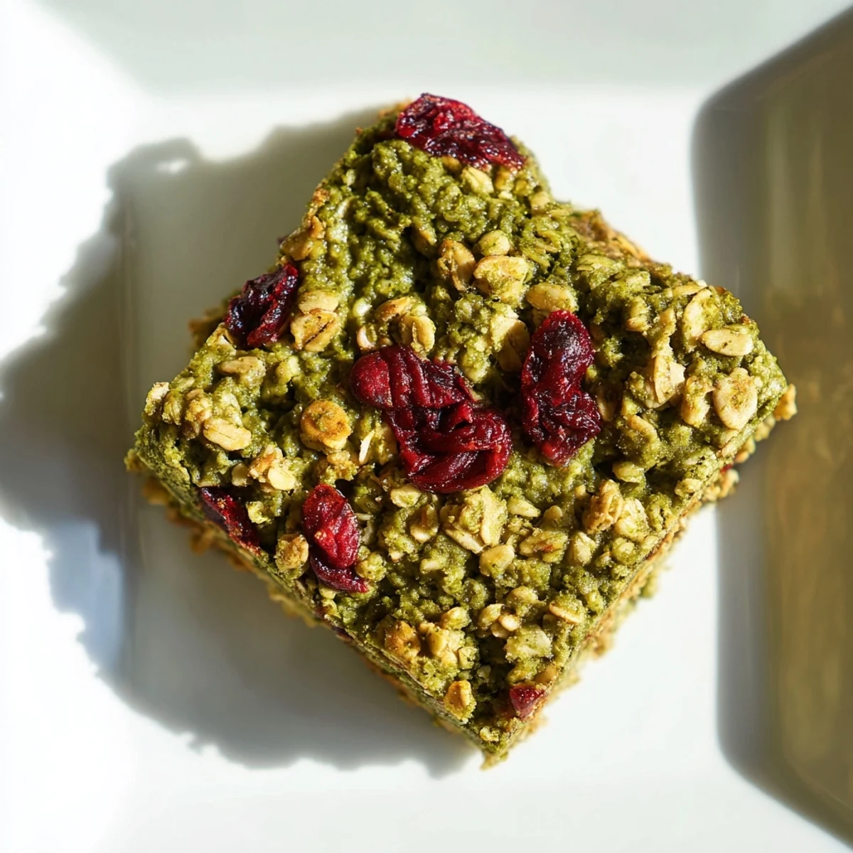 A close-up image of baked Matcha Cranberry Oat Crumble Bars, showing textures of oats and cranberries.