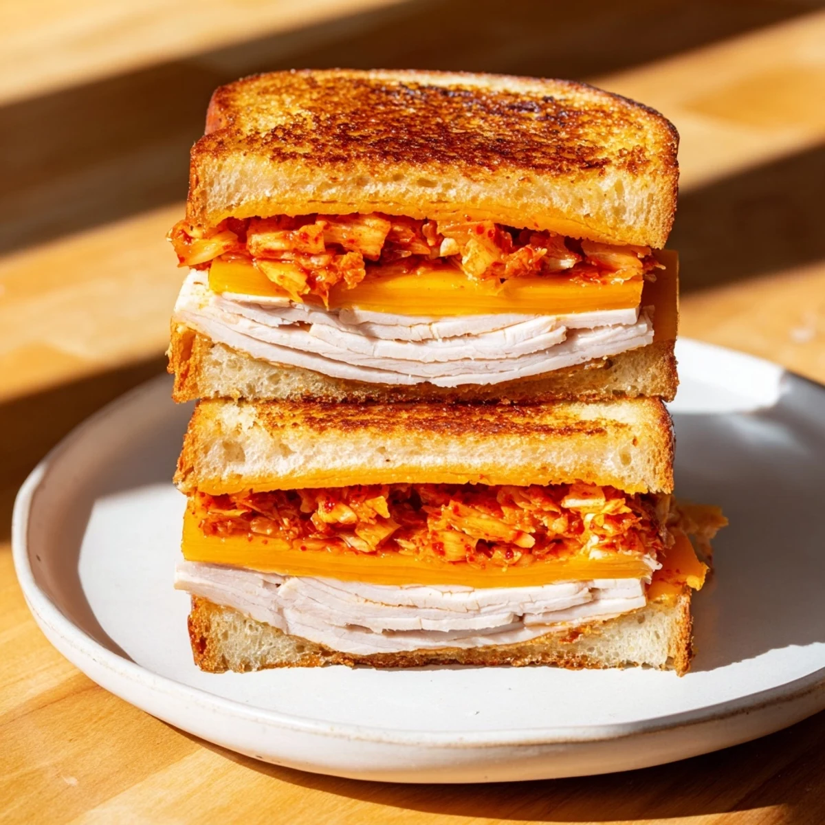 Golden, melty Kimchi Turkey & Cheddar Toasted Grilled Cheese, a delicious savory sandwich with crispy sourdough.