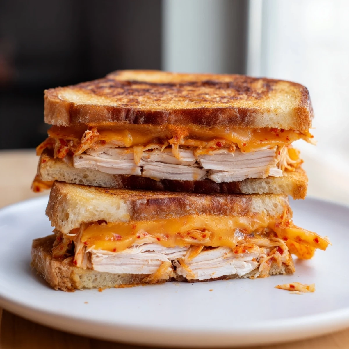 Warm and gooey Kimchi Turkey & Cheddar Toasted Grilled Cheese: perfect for lunch or a quick dinner.