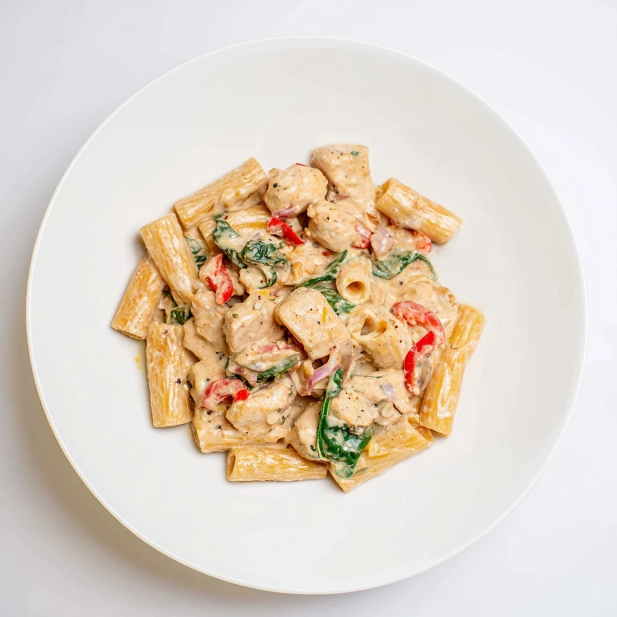 A close-up of creamy Cajun Dirty Snow Chicken Pasta, ready to serve with colorful vegetables.