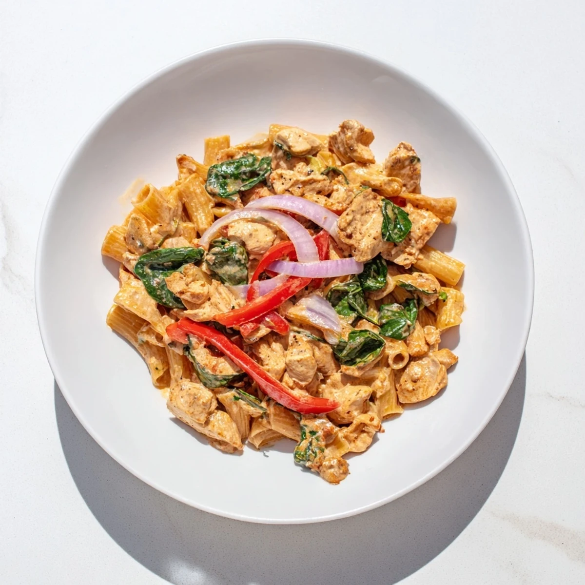 This flavorful bowl of Cajun Dirty Snow Chicken Pasta showcases a lightened, healthy, and satisfying meal.