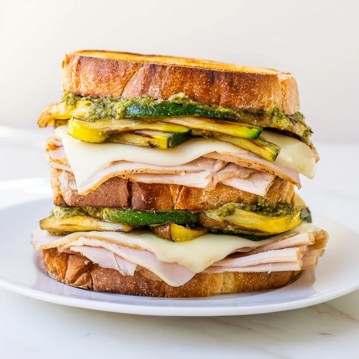 Golden-brown pesto turkey zucchini grilled cheese stacks, overflowing with melted cheese and fresh pesto.