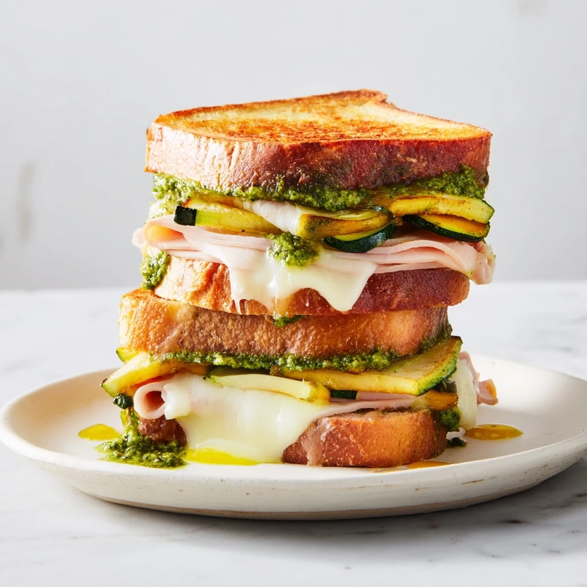 Perfectly grilled pesto turkey zucchini grilled cheese stacks ready to be sliced, a delicious lunchtime meal.