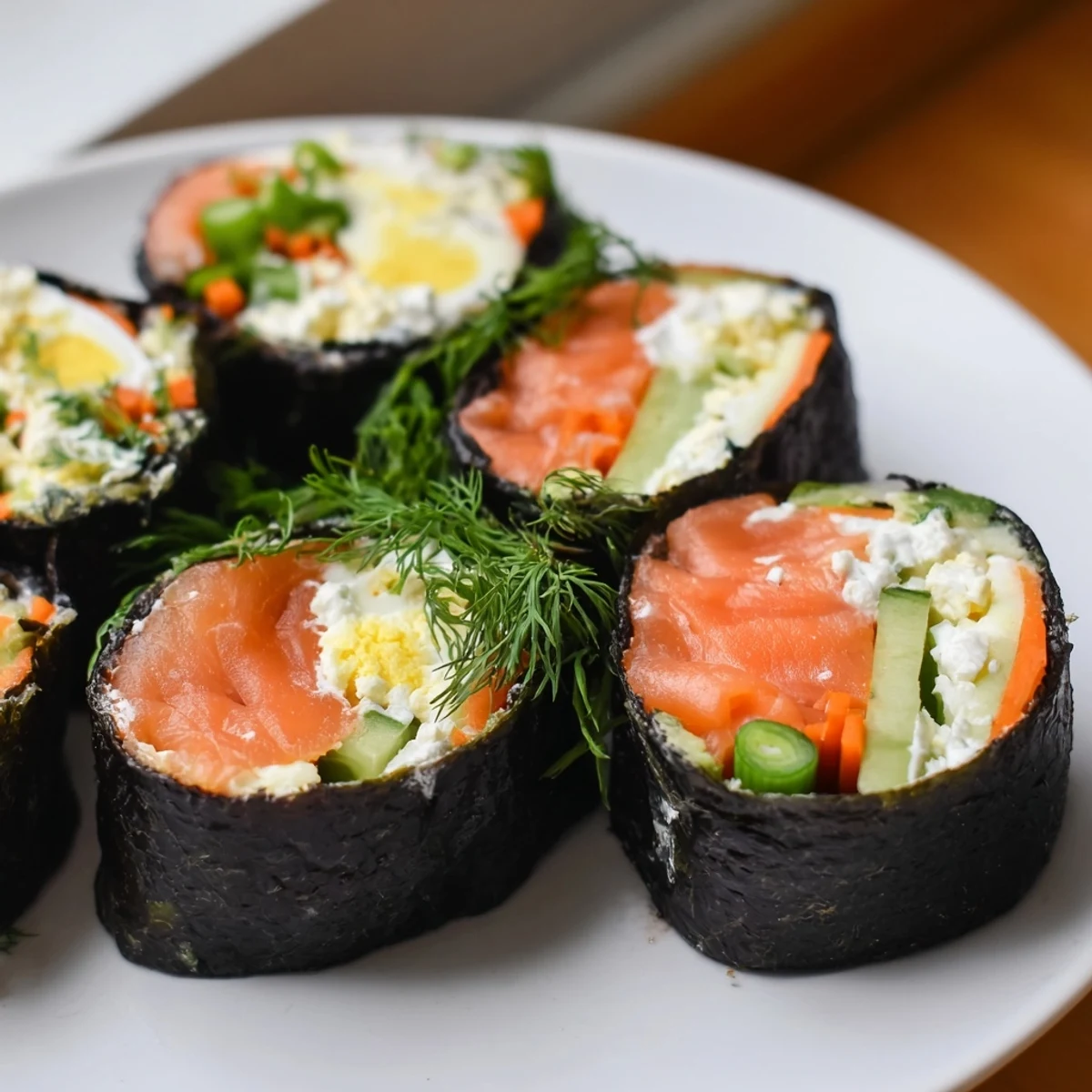 Vibrant High-Protein Sushi Wrap Smoked Salmon Holiday Roll, featuring fresh salmon and colorful veggies, ready to enjoy.