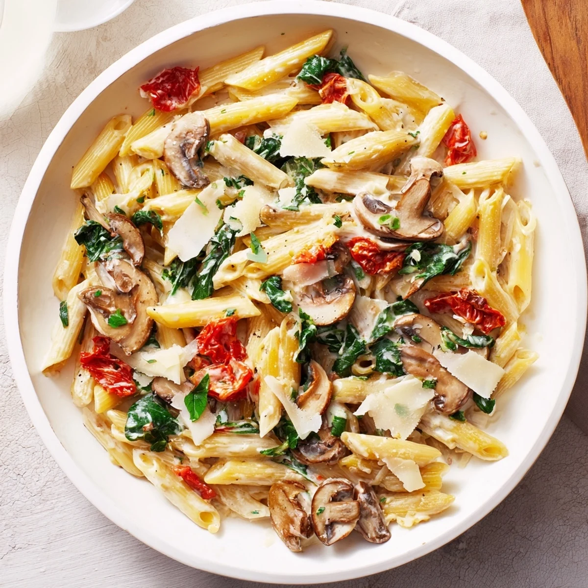 Creamy Sun-Dried Tomato Mushroom Penne Skillet, plated and garnished with fresh basil for dinner.