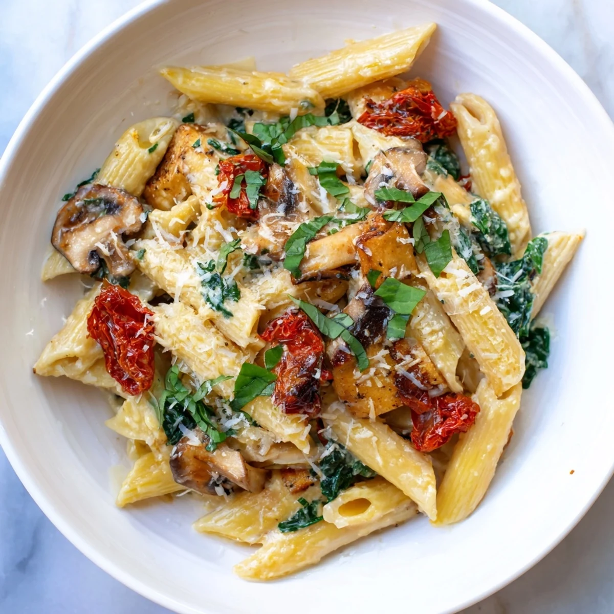 This luscious Creamy Sun-Dried Tomato Mushroom Penne Skillet boasts perfectly cooked penne in a rich cream sauce.