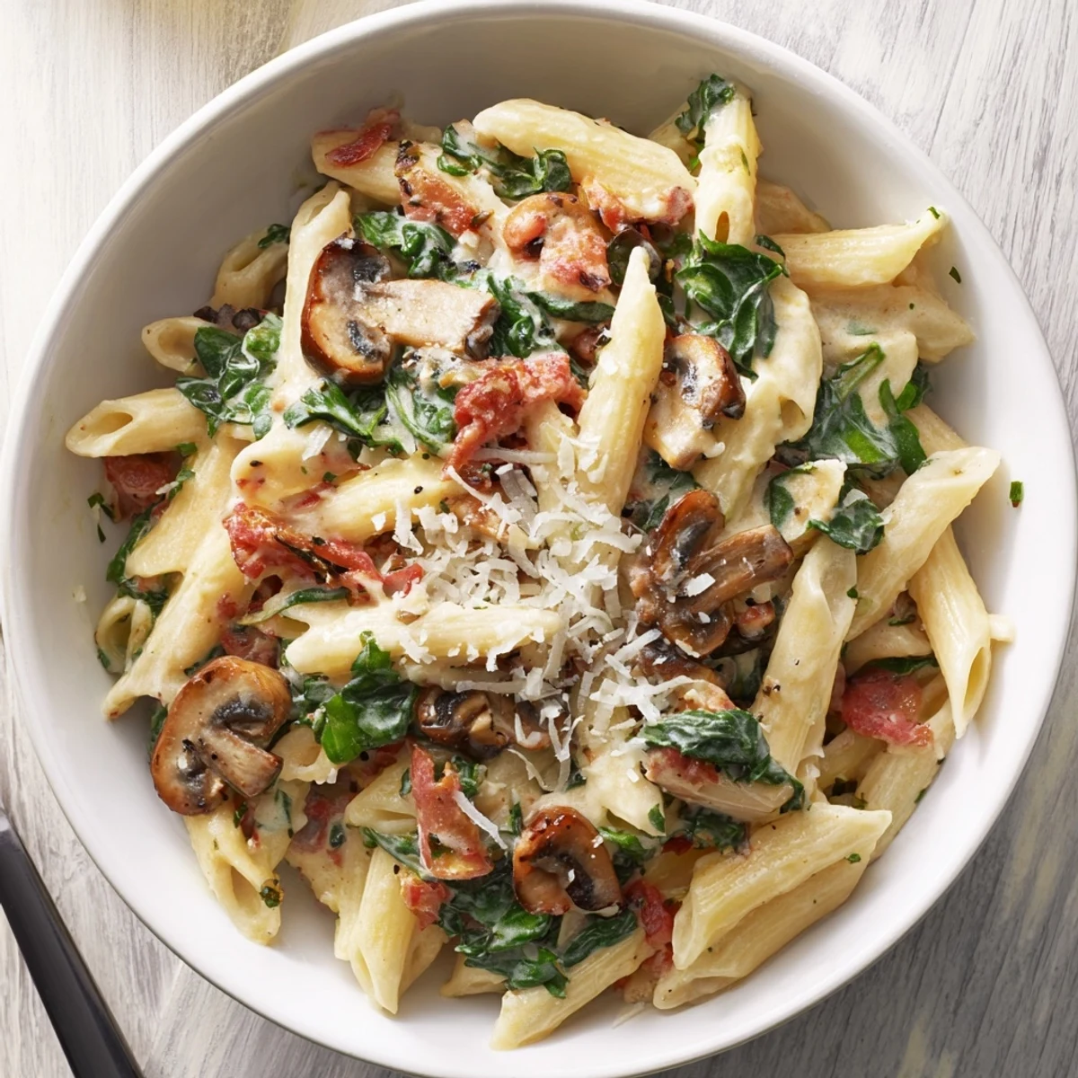 A close-up view of the delicious Creamy Sun-Dried Tomato Mushroom Penne Skillet, ready to be enjoyed.