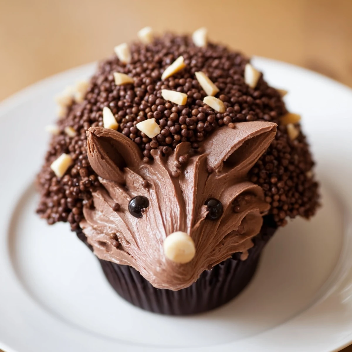 This appetizing photo displays a charming, decorated Hedgehog Cupcake Tower, perfect for celebrations with kids.
