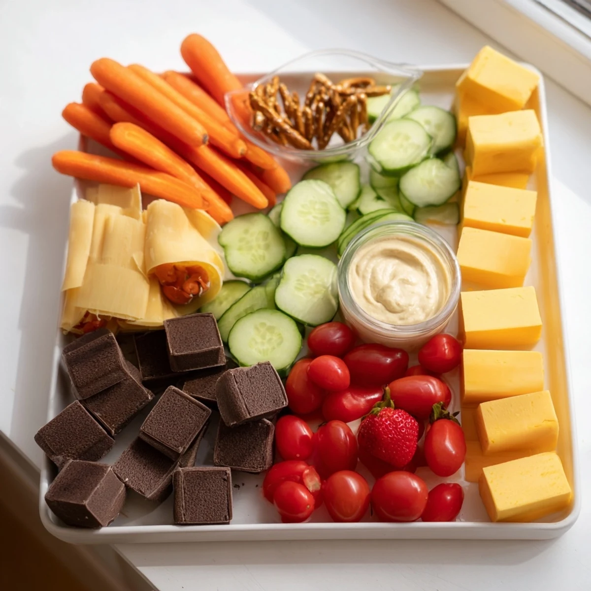 A colorful Fox & Friends snack tray overflowing with fresh, vibrant fruits, veggies, and bite-sized delights.