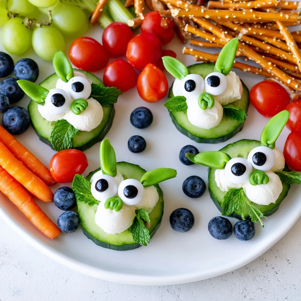 Frog Pond Snack Tray featuring whimsical frog-shaped snacks with cucumber lily pads and blue pond.