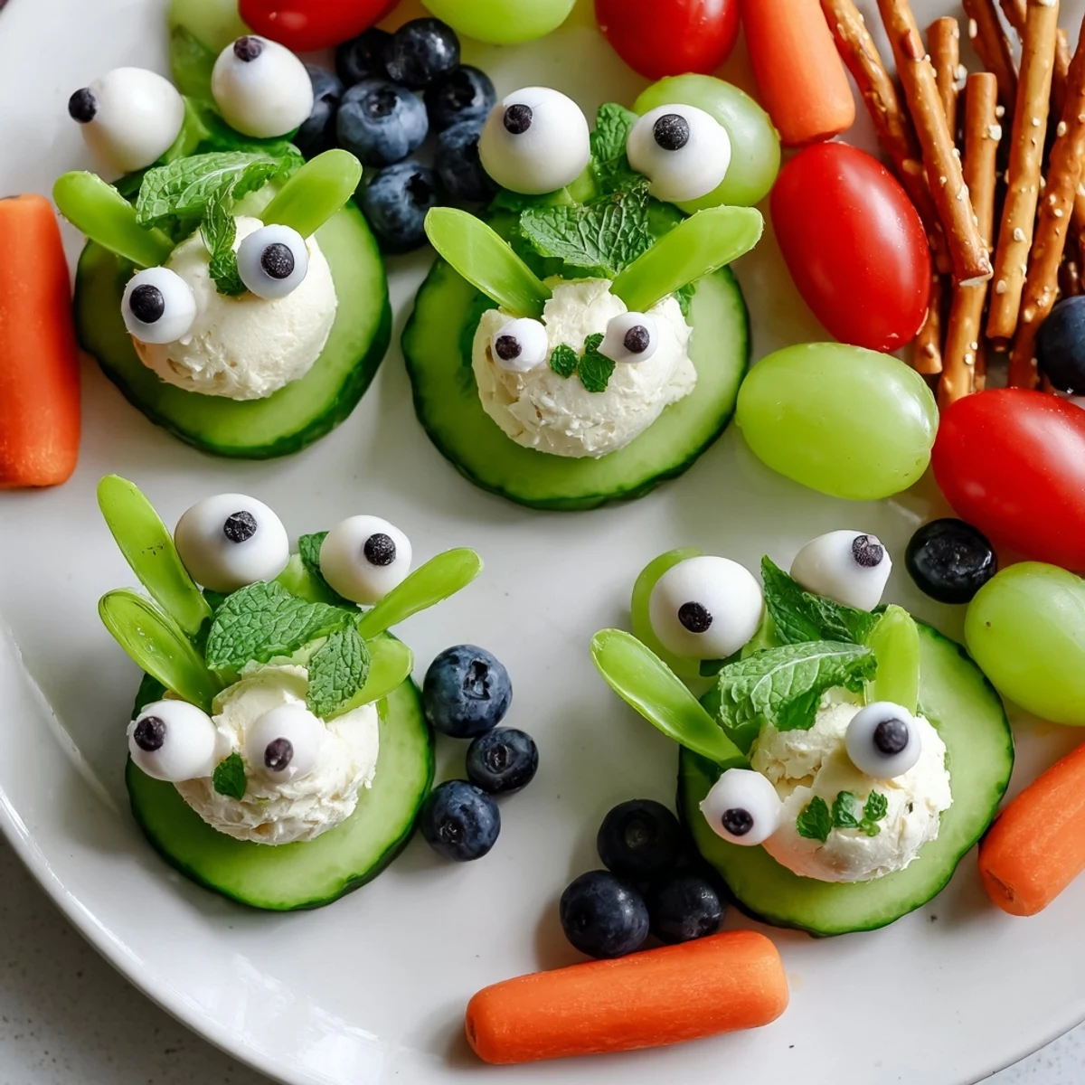 A fun-filled Frog Pond Snack Tray: mozzarella frogs sit in a healthy pond of fruits and veggies.