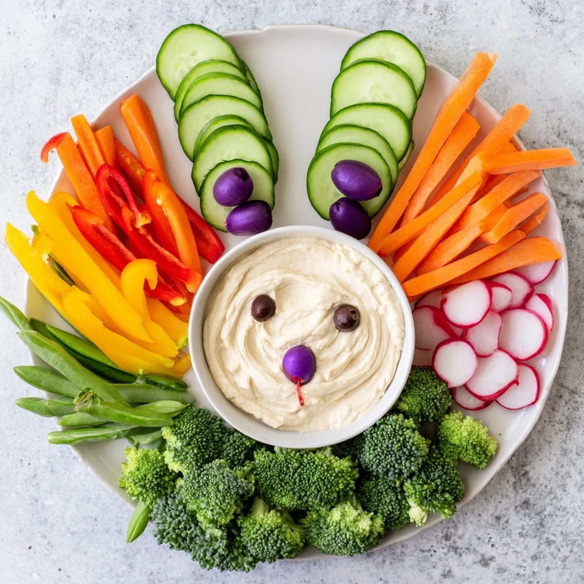 Bunny Meadow Veggie Board: Colorful vegetables artfully arranged as a playful bunny, perfect for a cheerful spring appetizer.