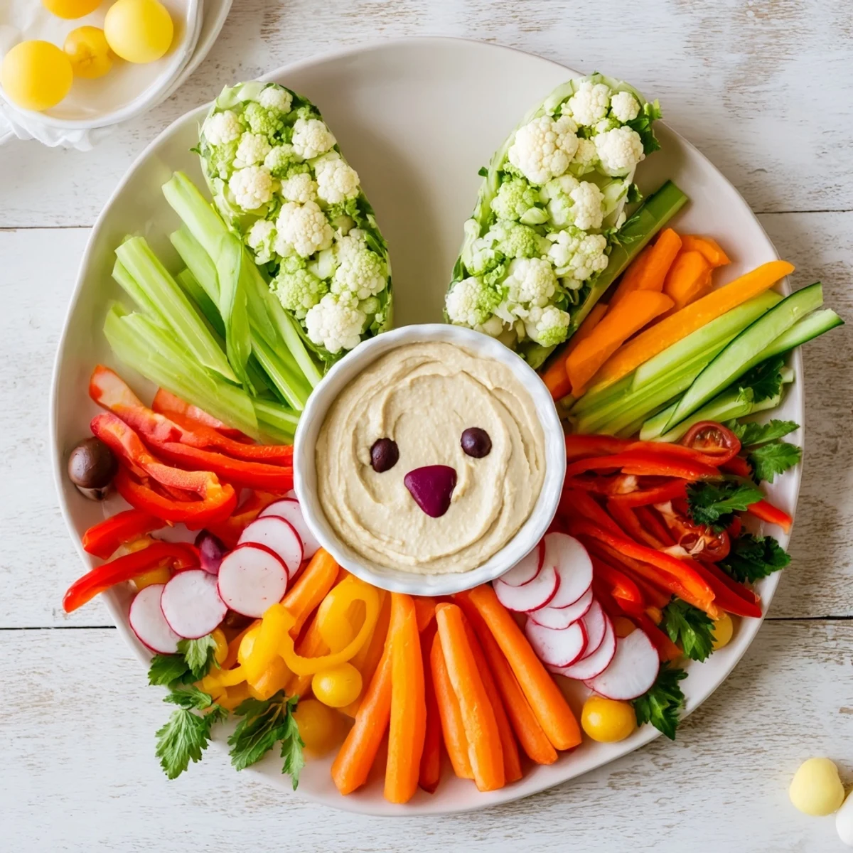 Enjoy a festive Bunny Meadow Veggie Board with fresh veggies, artfully arranged to create a delicious and visually appealing Easter dish.