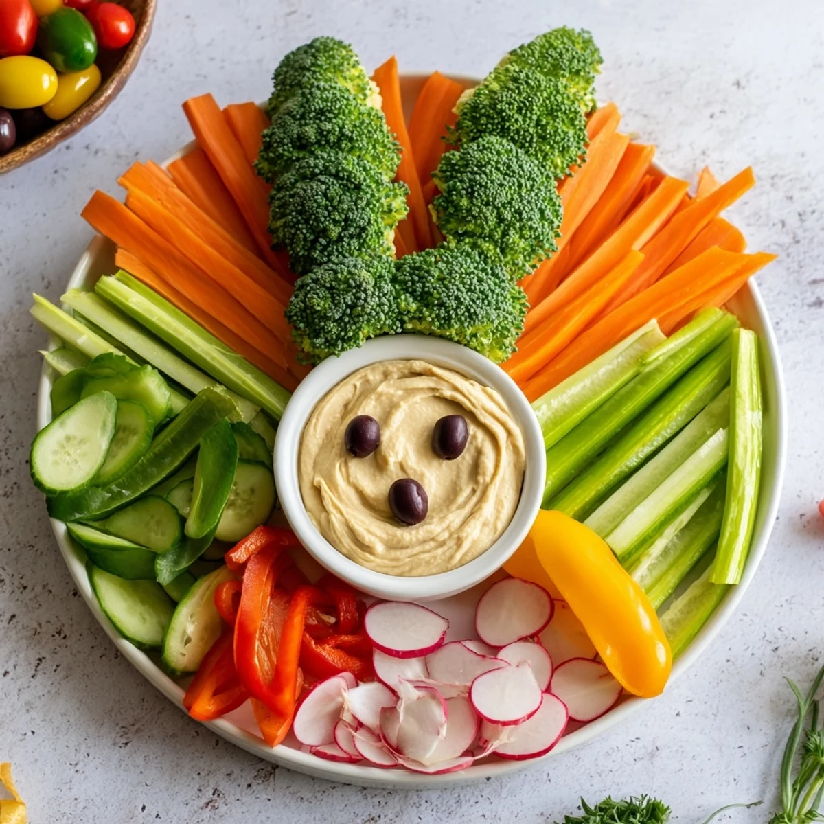 This vibrant Bunny Meadow Veggie Board showcases fresh carrots, tomatoes, and peas, ready for dipping and healthy snacking.
