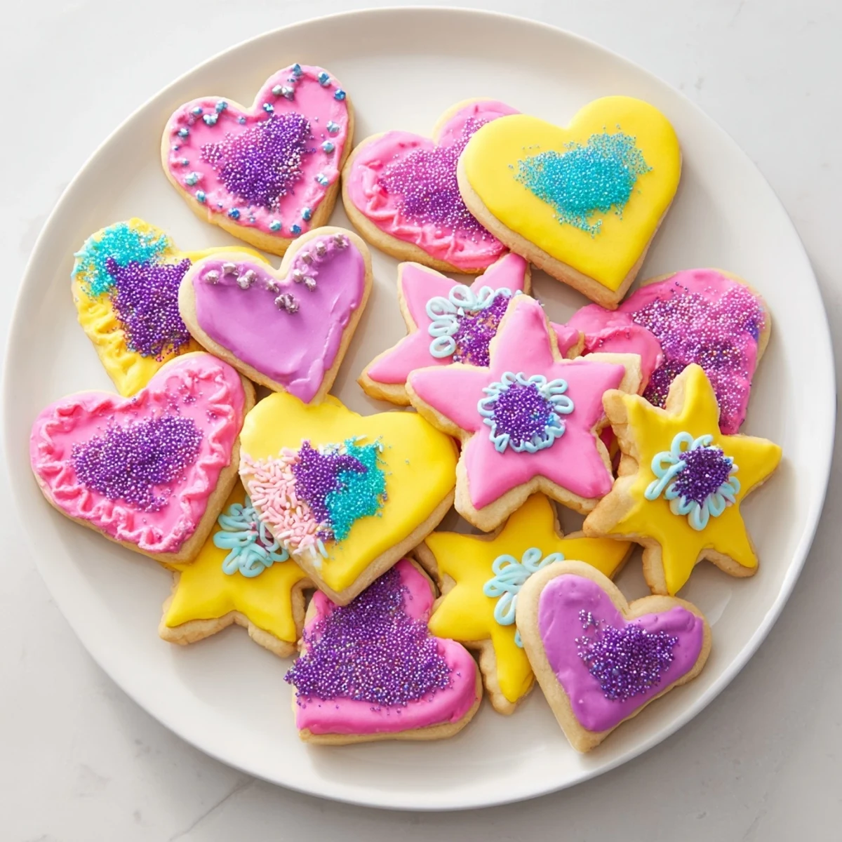 A plate overflowing with heart & star treats, beautifully iced sugar cookies ready for a party.