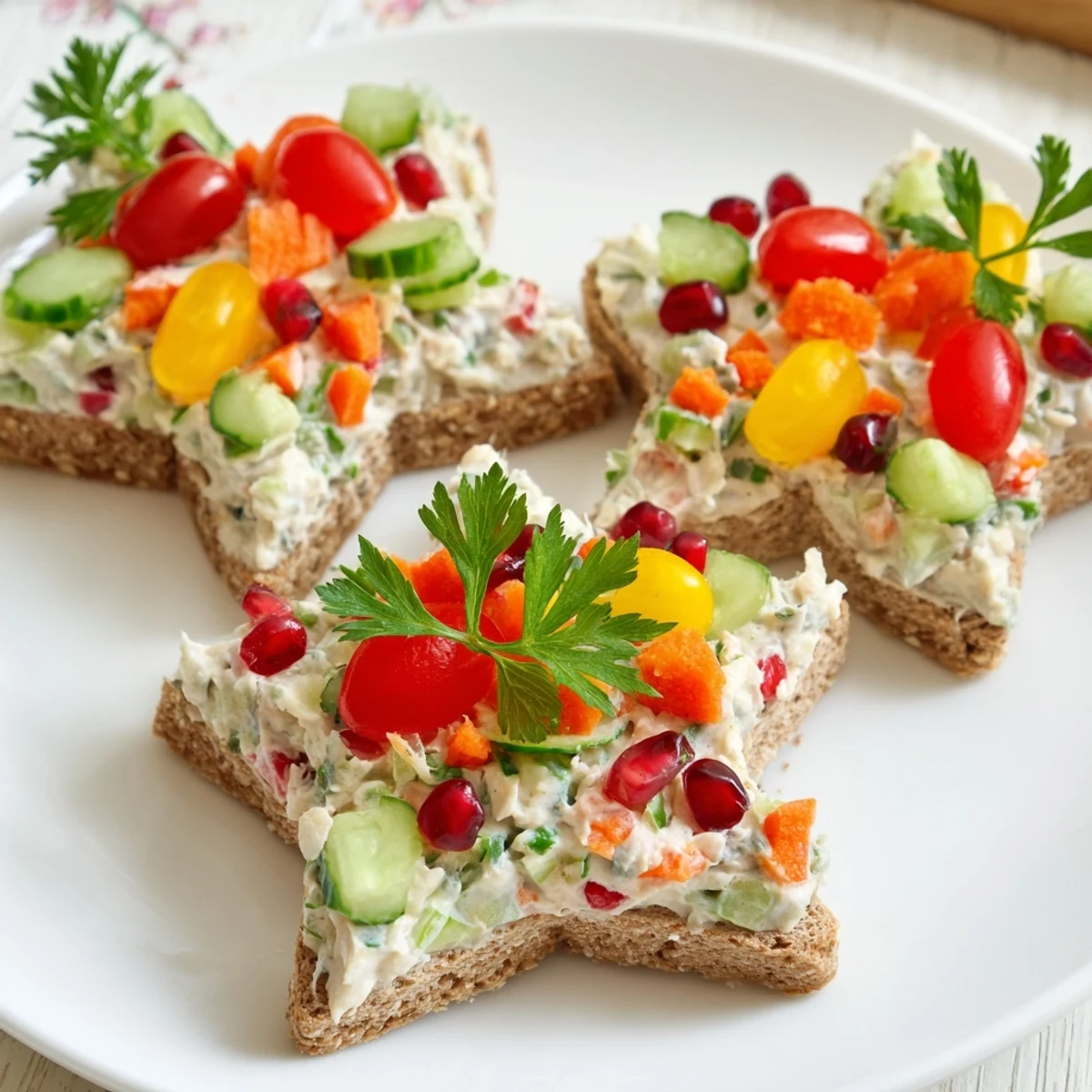 Star-shaped Crown Jewels Sandwiches displaying vibrant veggie filling, a fun and easy party appetizer.