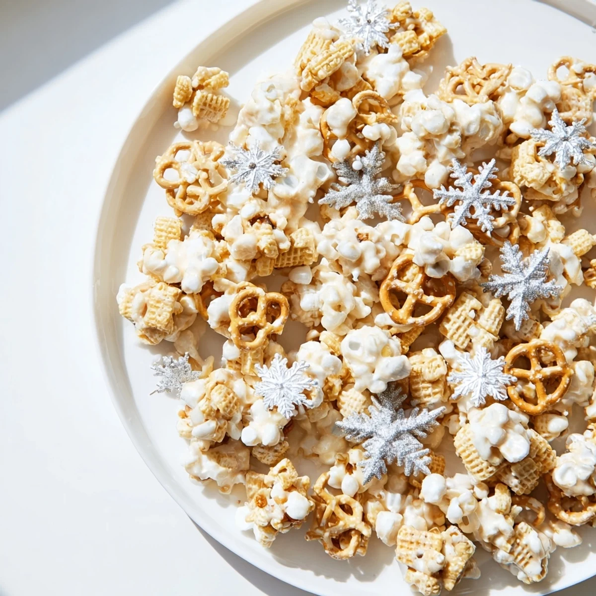 Golden clusters of Ski Season Snowflake Snack Mix, sweet and salty, scattered with festive sprinkles.