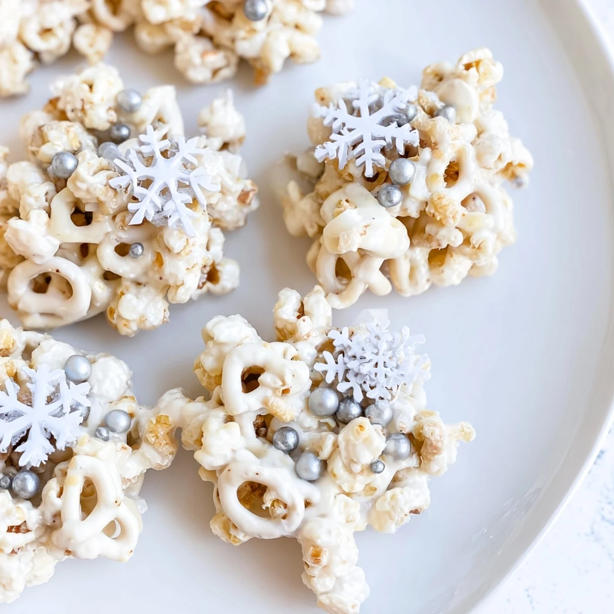 Close-up of freshly made Ski Season Snowflake Snack Mix, featuring white chocolate and crunchy pretzels.