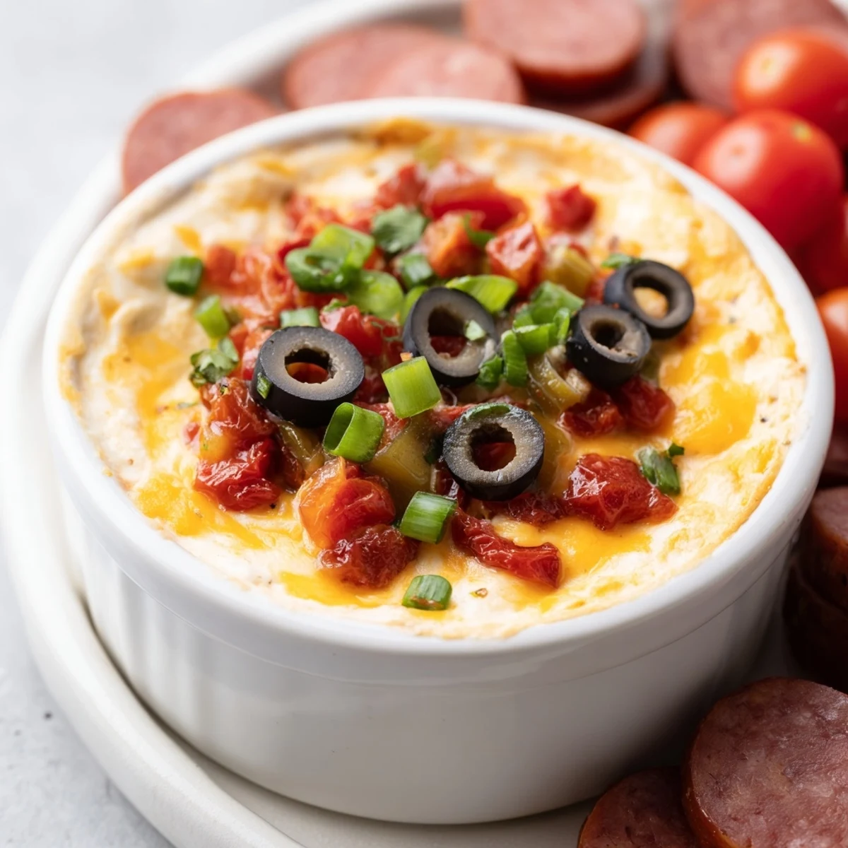 A close-up of Lava Flow Volcano Dip, with a vibrant, cheesy eruption surrounded by tasty dippers.