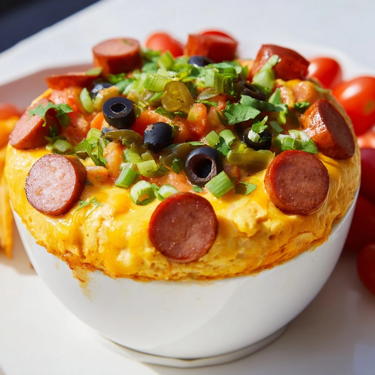 Smoked sausage, fresh veggies, and chips surround a bubbling, spicy Lava Flow Volcano Dip for dipping.
