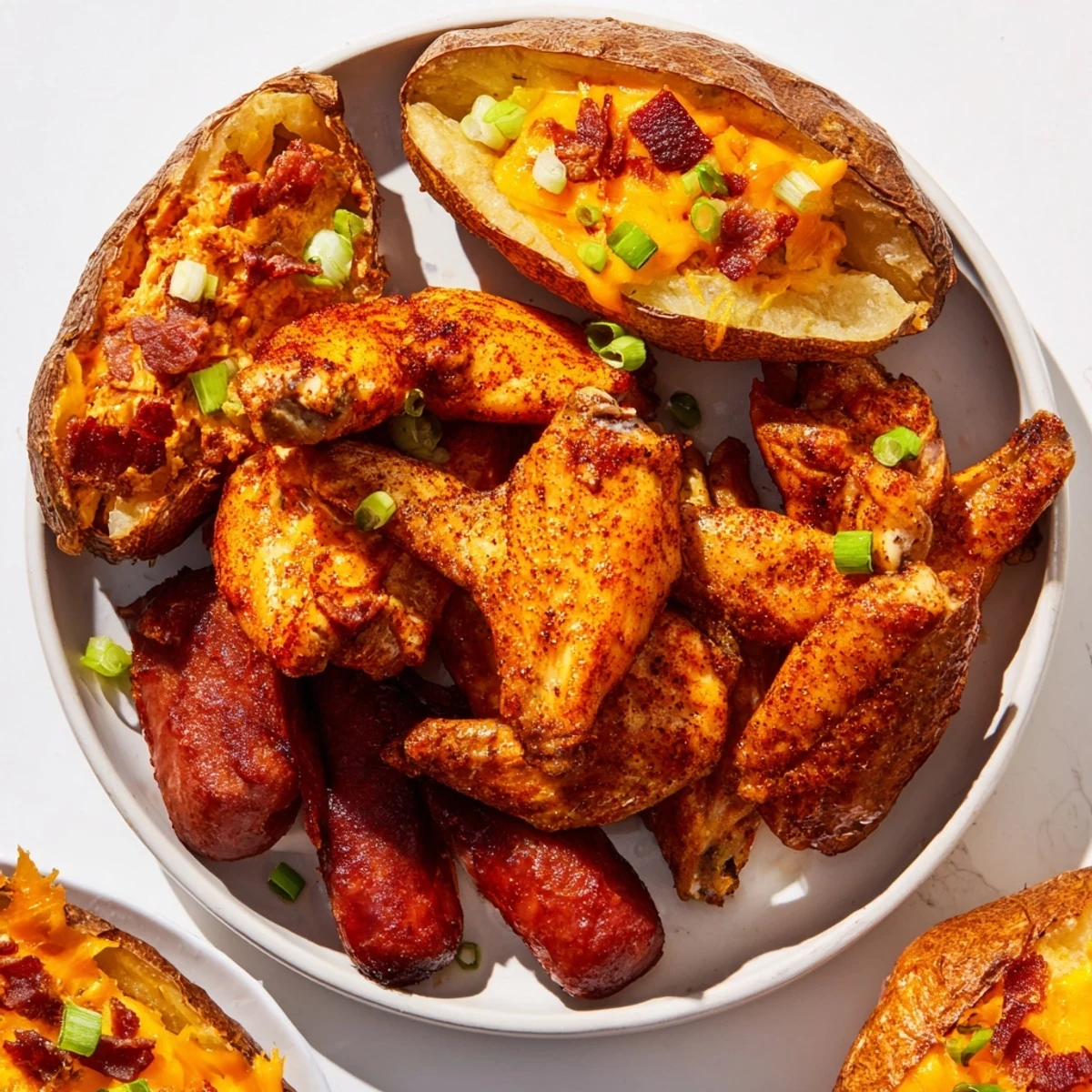 A massive Touchdown Football Tailgate Spread overflowing with crispy wings, potato skins, and colorful veggies.