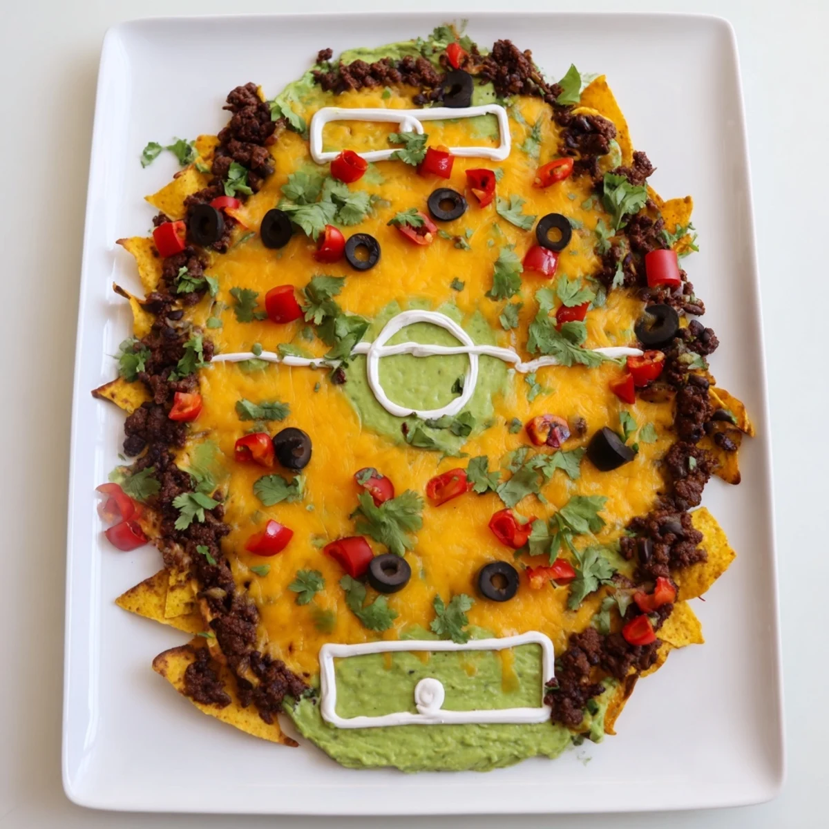 A delicious soccer field nacho platter, featuring cheesy nachos, beef, and vibrant toppings for game day.