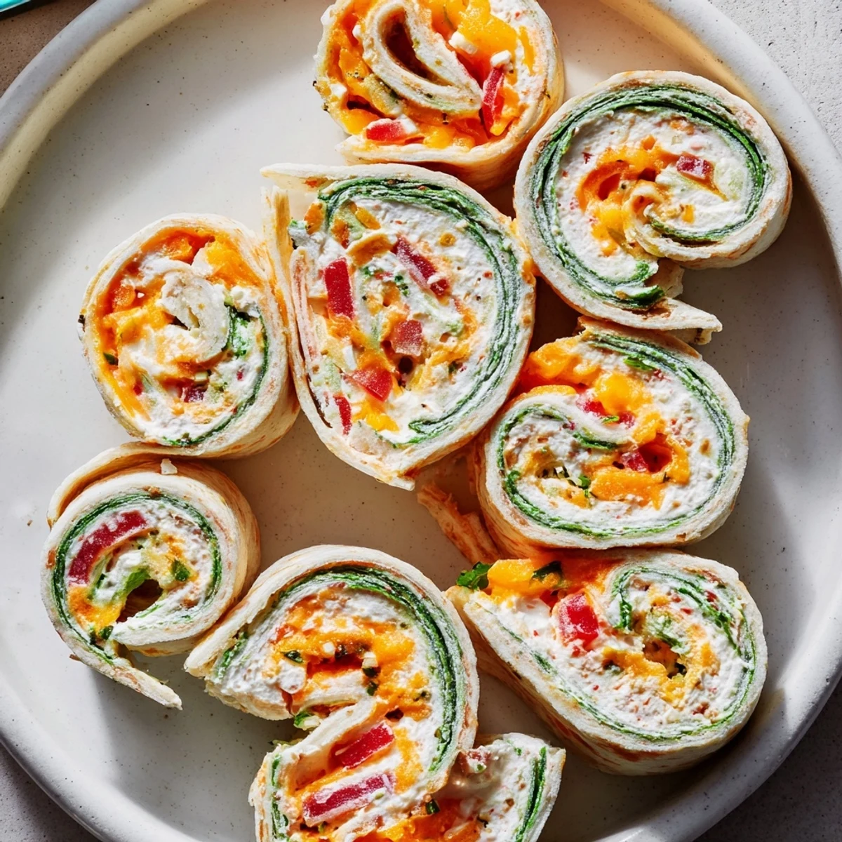 Cozy Scarf Holiday Pinwheel Wraps: Colorful spirals of cheese, veggies and tortillas, perfect for a festive appetizer.