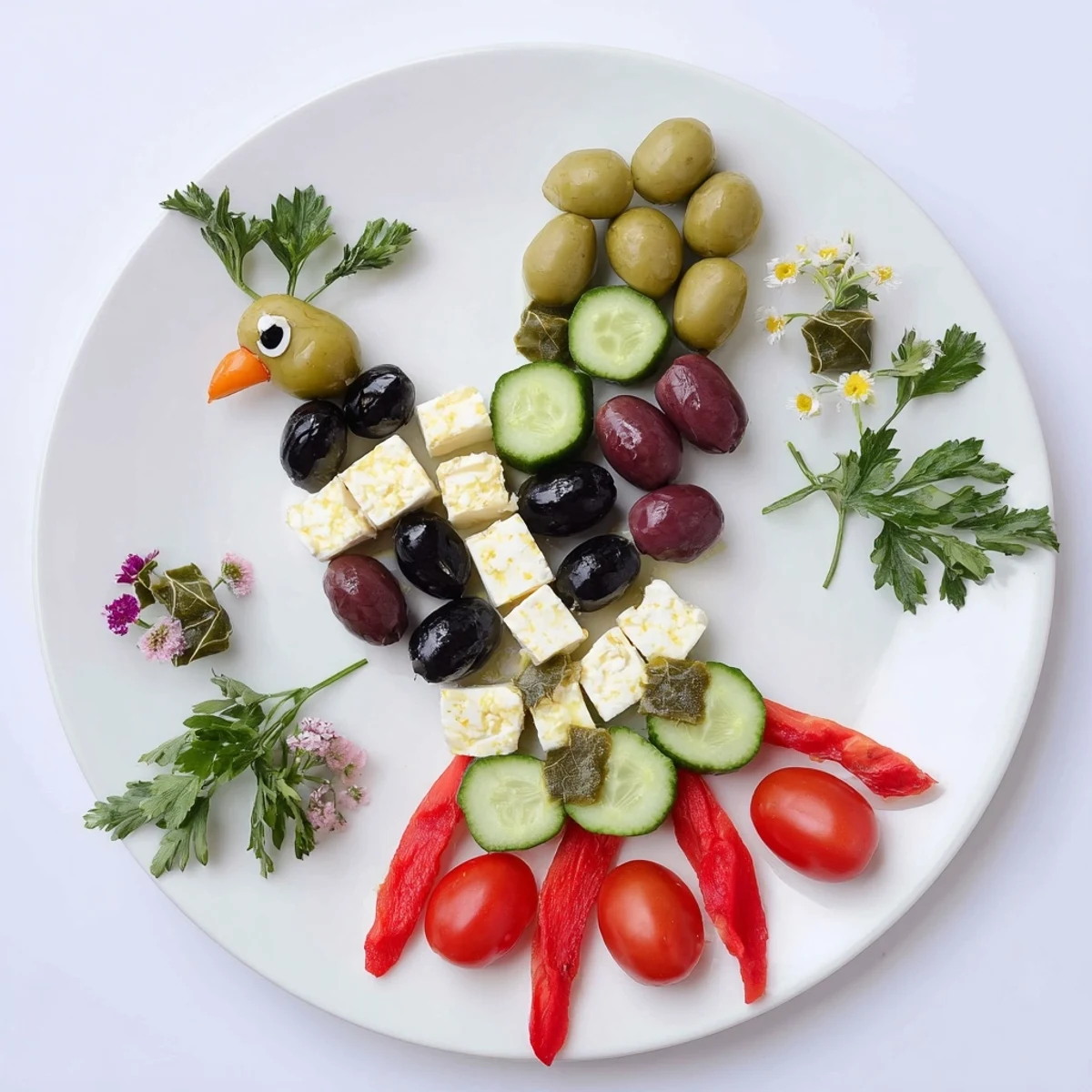 A vibrant Colombe de la Paix Olive Platter, featuring Kalamata and green olives, cheeses and fresh vegetables.