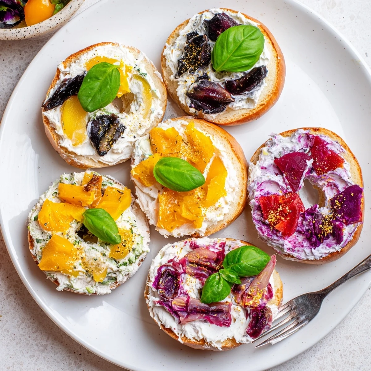 Presenting the delicious Olympic Rings Medal Appetizer: a visually exciting arrangement of bagels and colorful cream cheese.