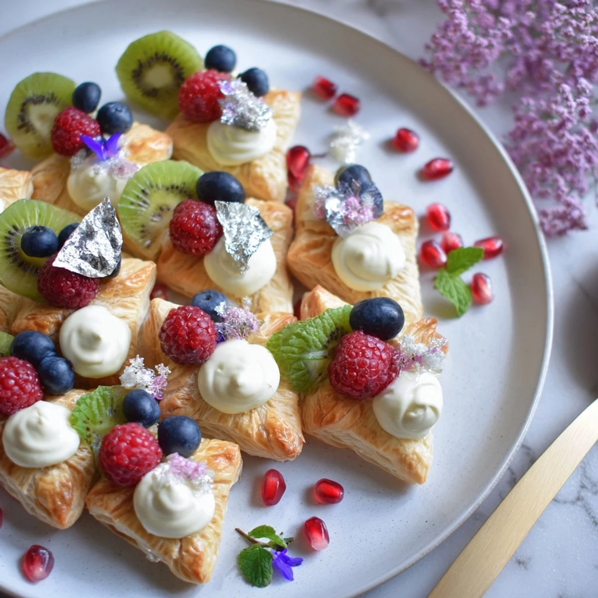 This elegant Luxury Diamond Engagement Platter shows off delicate pastries cradling smooth vanilla cream and jewel-toned berries.