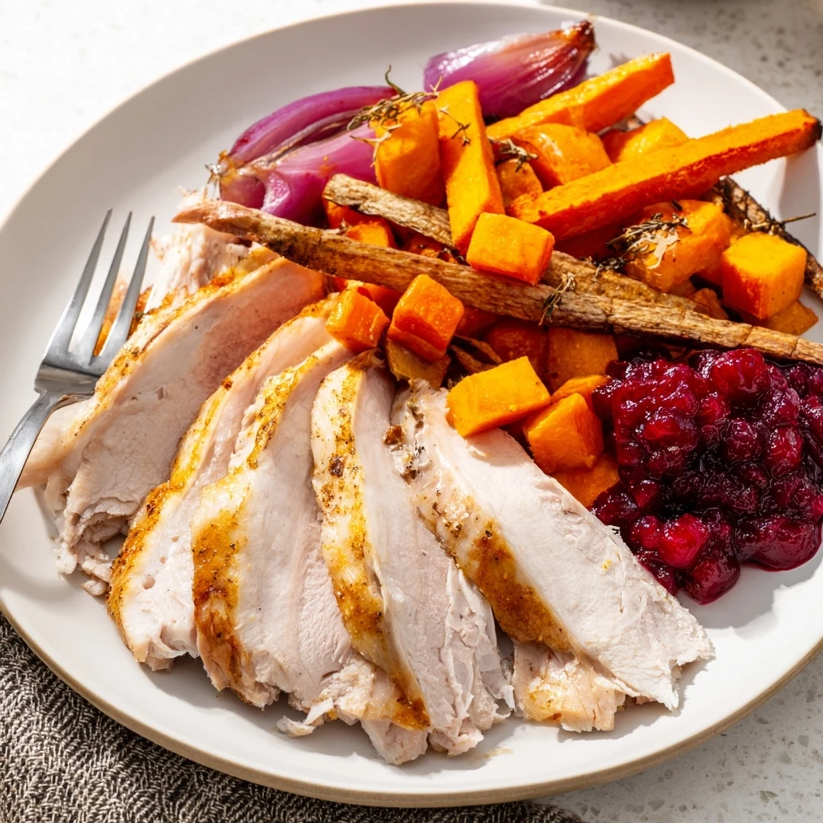 A beautifully arranged Harvest Turkey Platter filled with juicy turkey and colorful roasted vegetables.