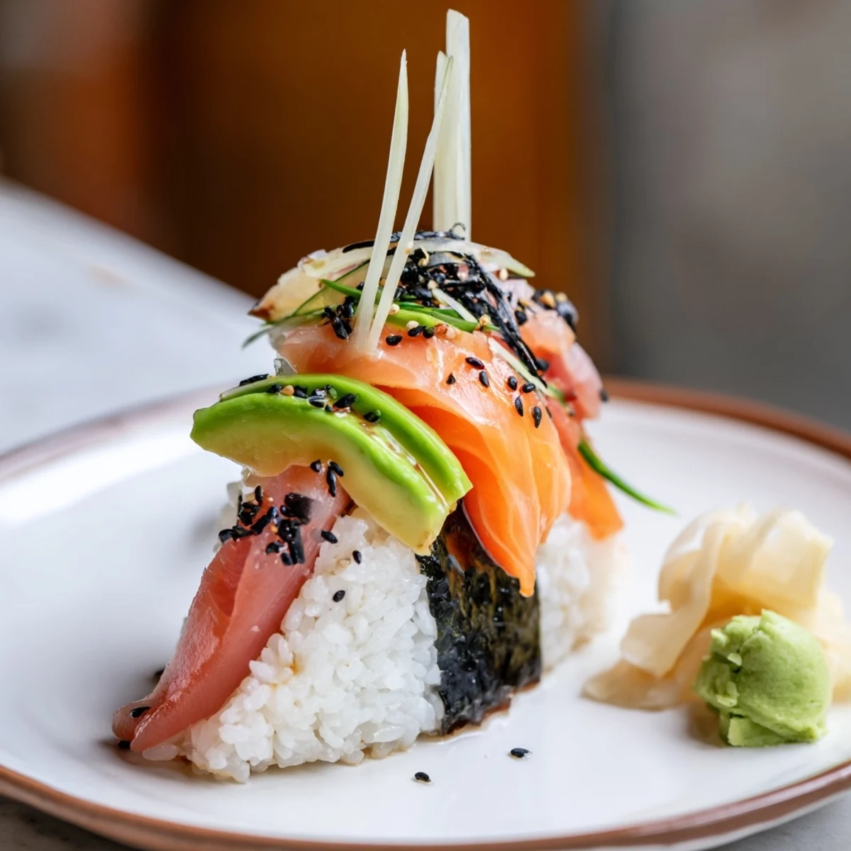 Vibrant photo: Artistic Sushi Sailboats at Sea, featuring fresh fish and colorful vegetable sails, ready to be enjoyed.