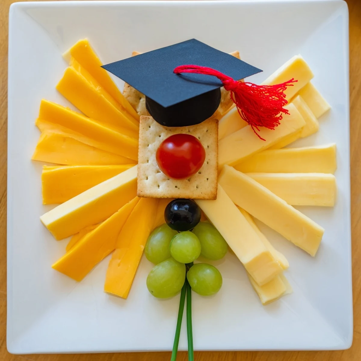 Graduation Cap Platter features a square cracker "mortarboard" with colorful garnishes and fresh chives.