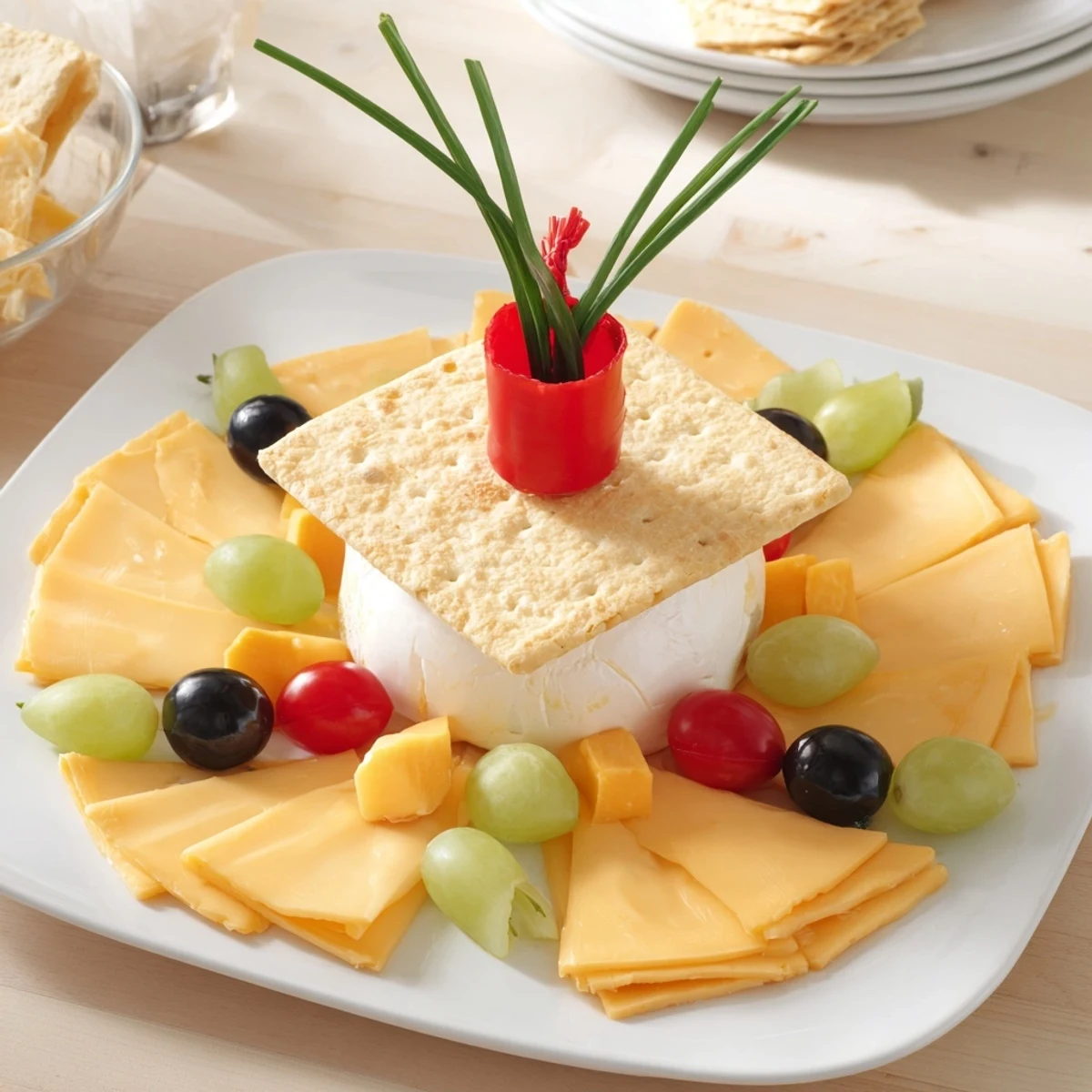Arranged artfully, this inviting Graduation Cap Platter is brimming with cheese, veggies, and dips.