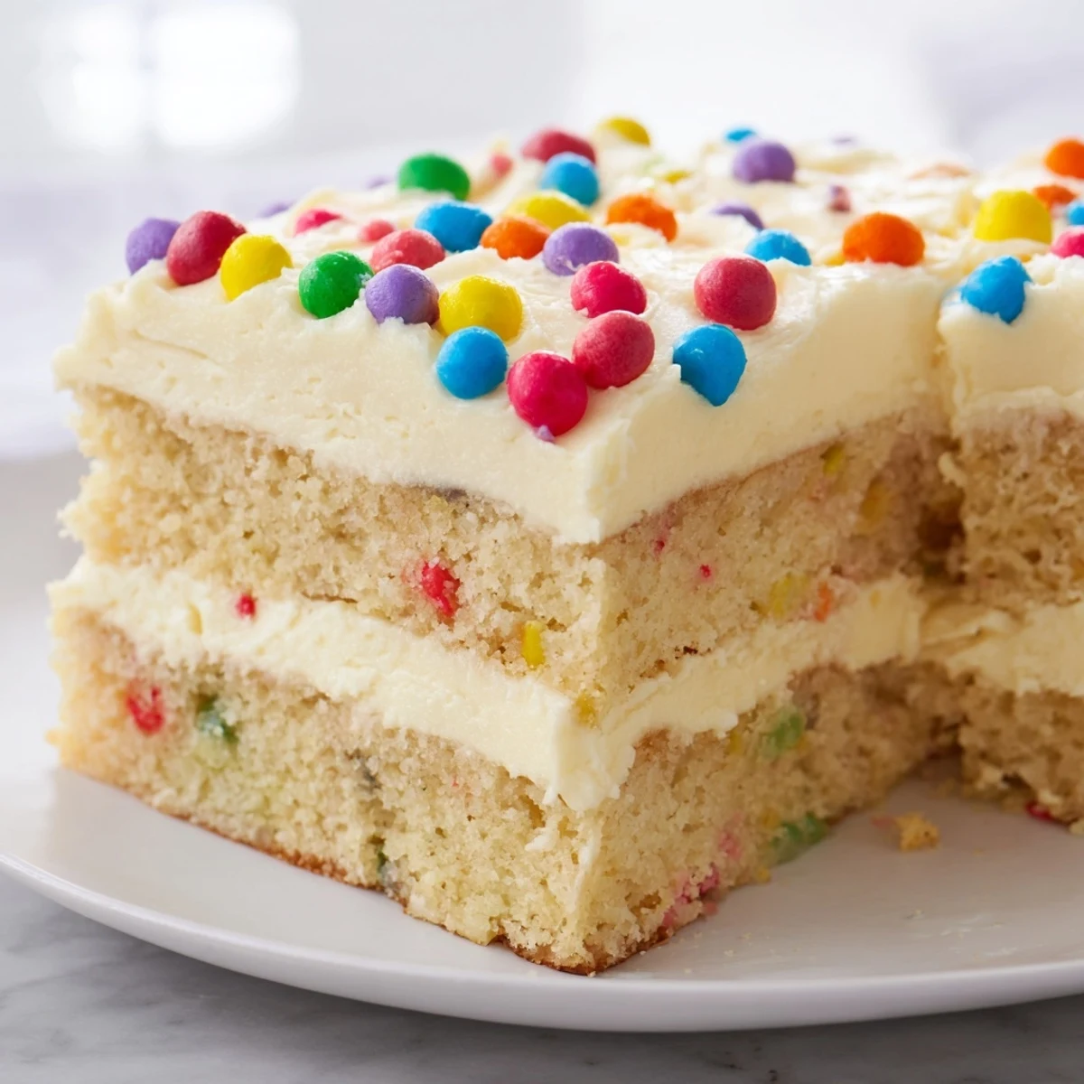 This delicious Happy Birthday Cake slice looks moist, with buttercream and cheerful sprinkles.
