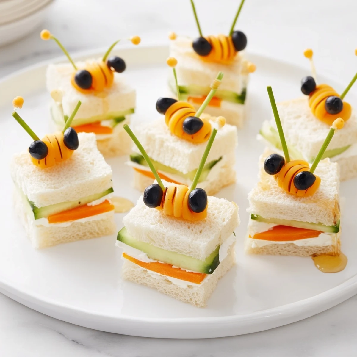 Cute bee sandwich cutouts nestled on a board, alongside colorful fruits and veggies for a cheerful snack.