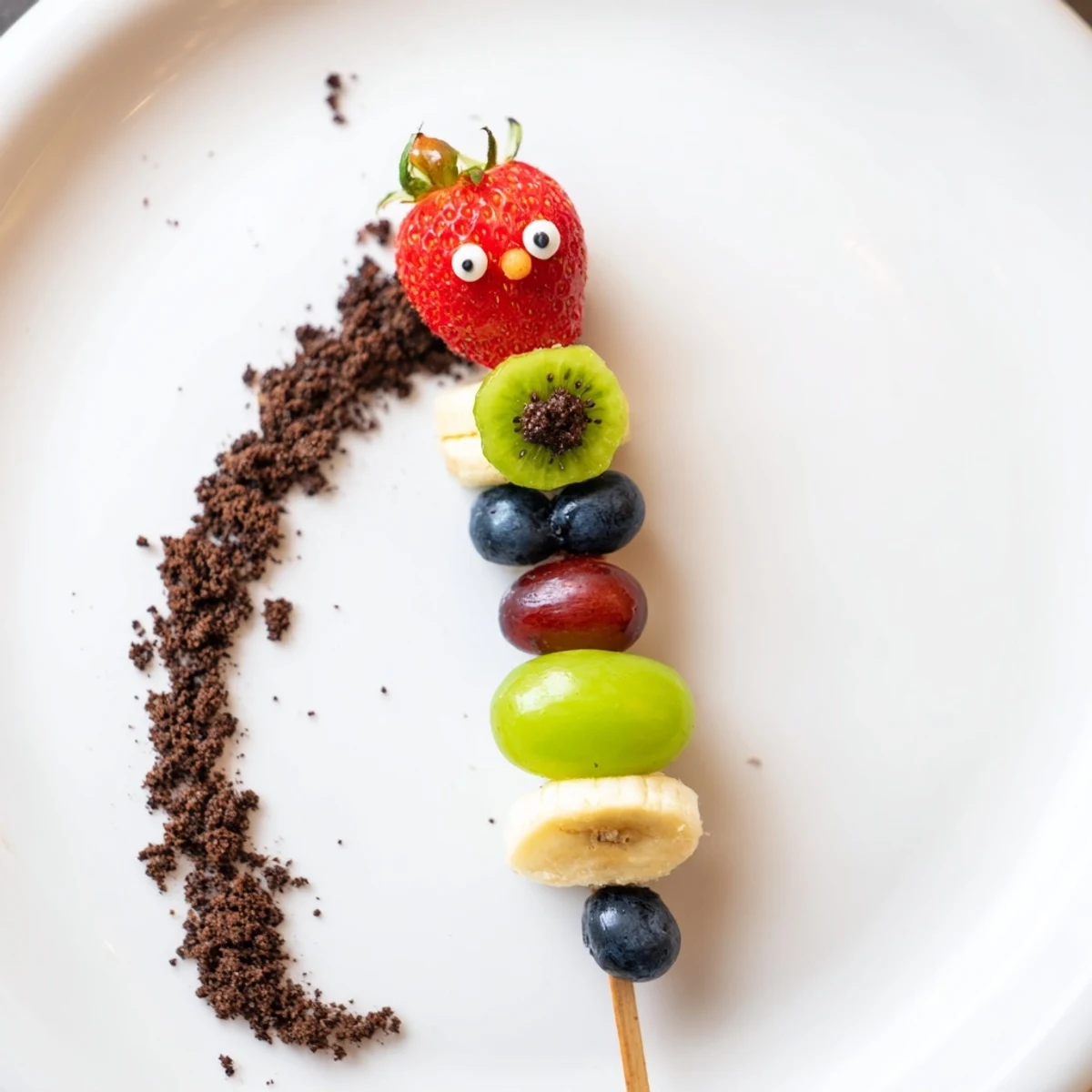 Fresh and fun Caterpillar Fruit Skewer Track with strawberries and grapes displayed on a crumb path.