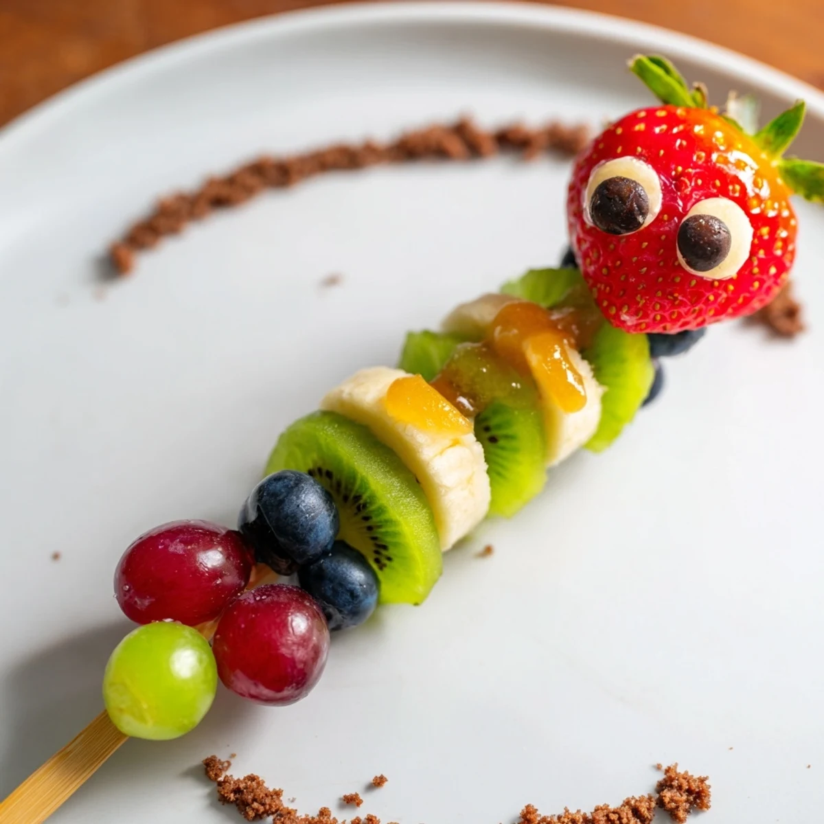 Vibrant Caterpillar Fruit Skewer Track, a playful snack with colorful arranged fruit on crumbs.