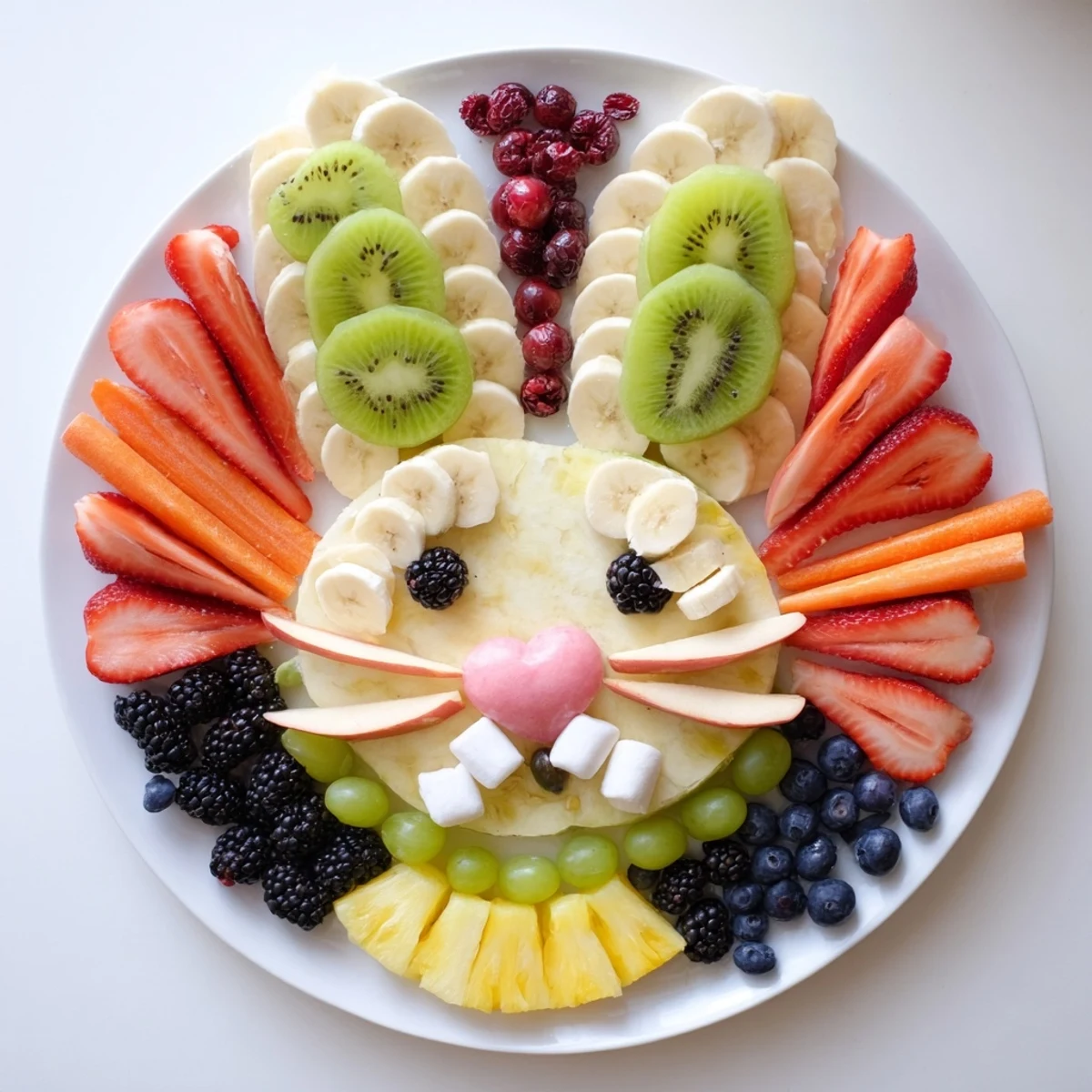 Bunny face fruit salad platter, a vibrant, colorful, and refreshing fruit arrangement perfect for Easter brunch.