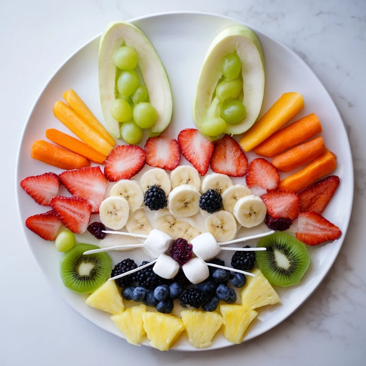 Imagine the charming bunny face fruit salad platter, a fun and delicious healthy Easter treat for the whole family!