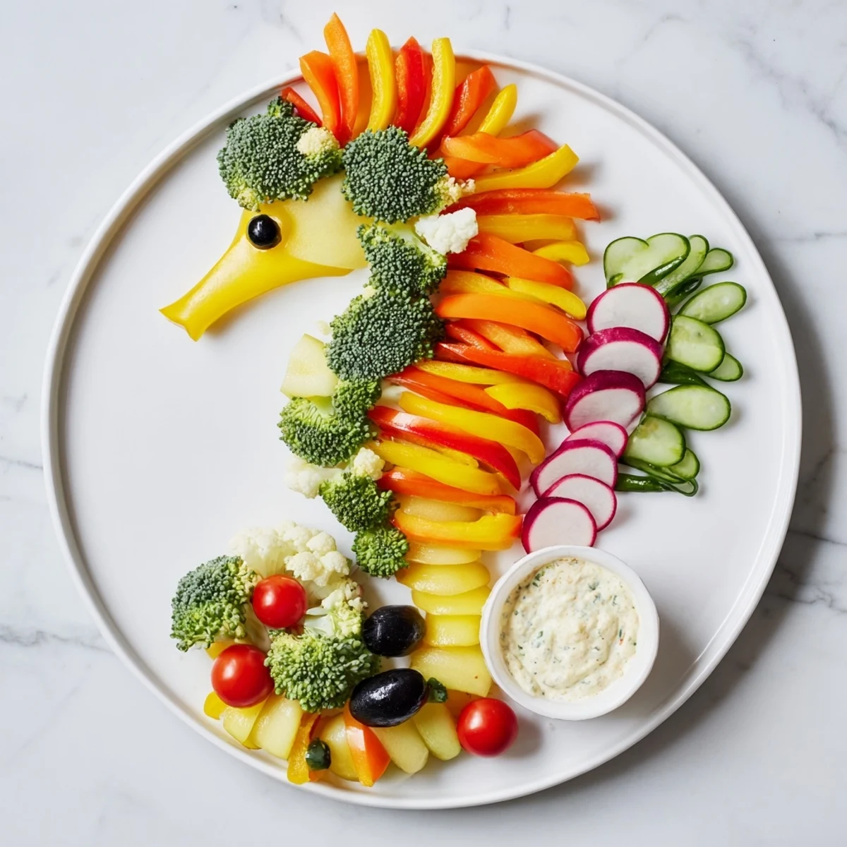 Seahorse Veggie Dip Platter: a vibrant, colorful arrangement of fresh veggies with creamy dip, perfect for snacking.