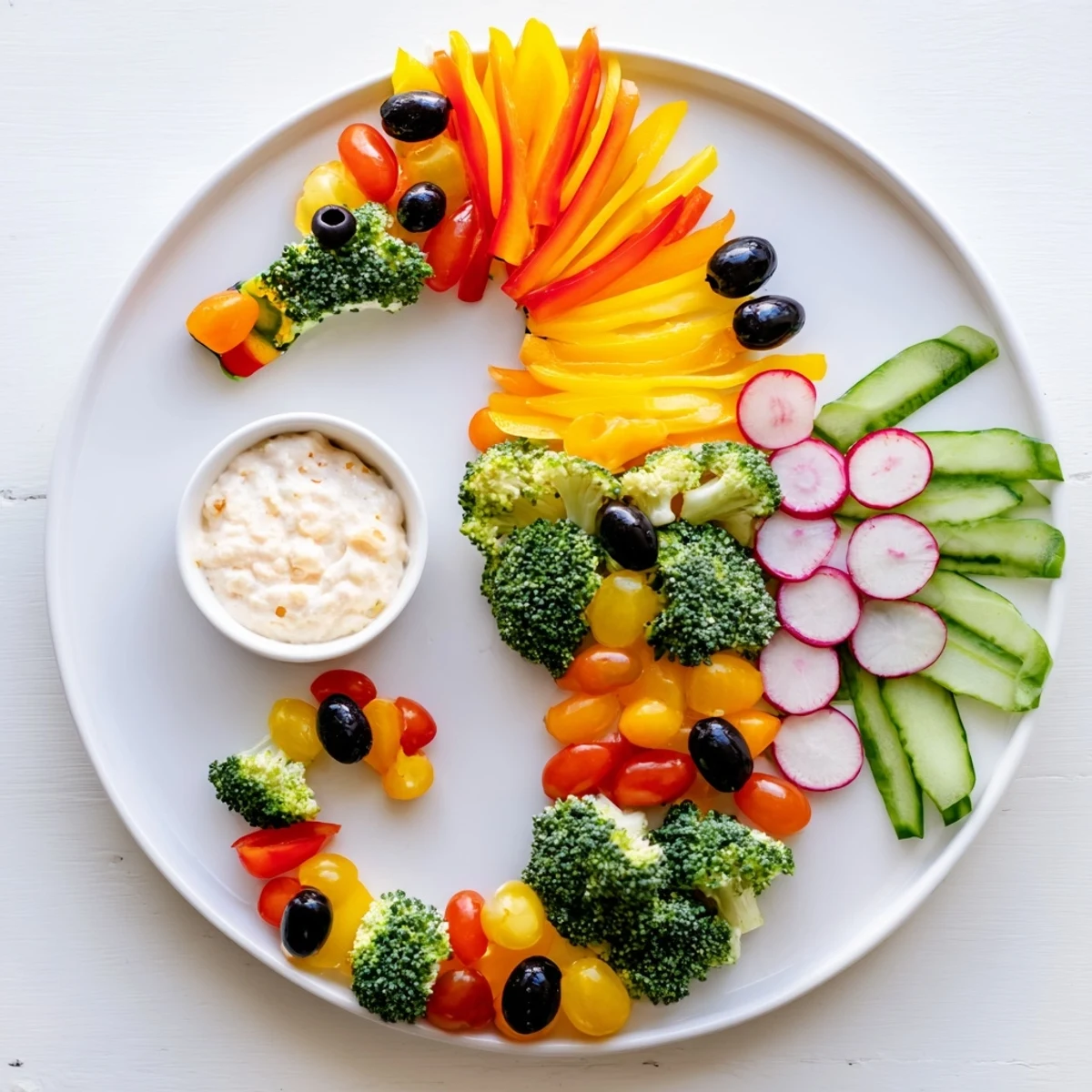 This Seahorse Veggie Dip Platter features colorful bell peppers and crunchy vegetables, beautifully arranged for a kids' party.