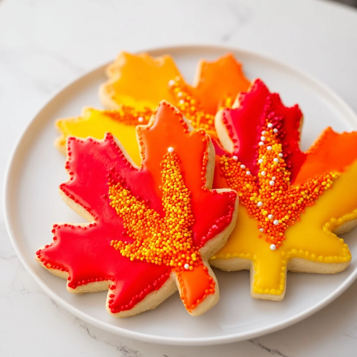 Vibrant, frosted maple leaf cookies ready for decorating, part of the Maple Leaf Cookie Decorating Kit.
