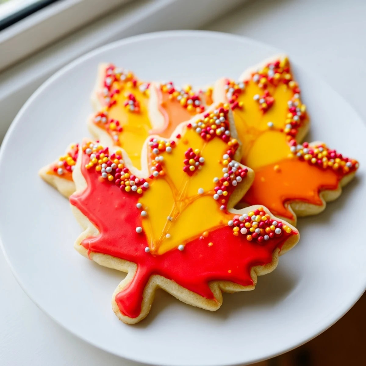 Warm, golden-brown maple leaf cookies awaiting royal icing and sprinkles; part of the fun Maple Leaf Cookie Kit.
