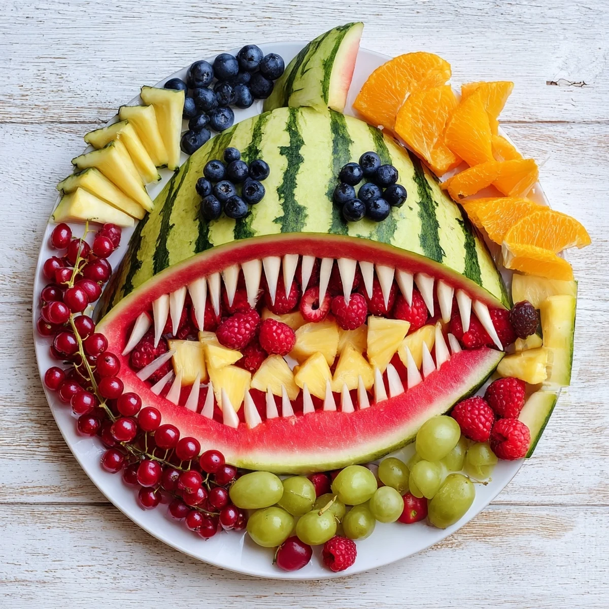 A vibrant Watermelon Shark Bite Board overflowing with fresh fruits ready for a summer party.