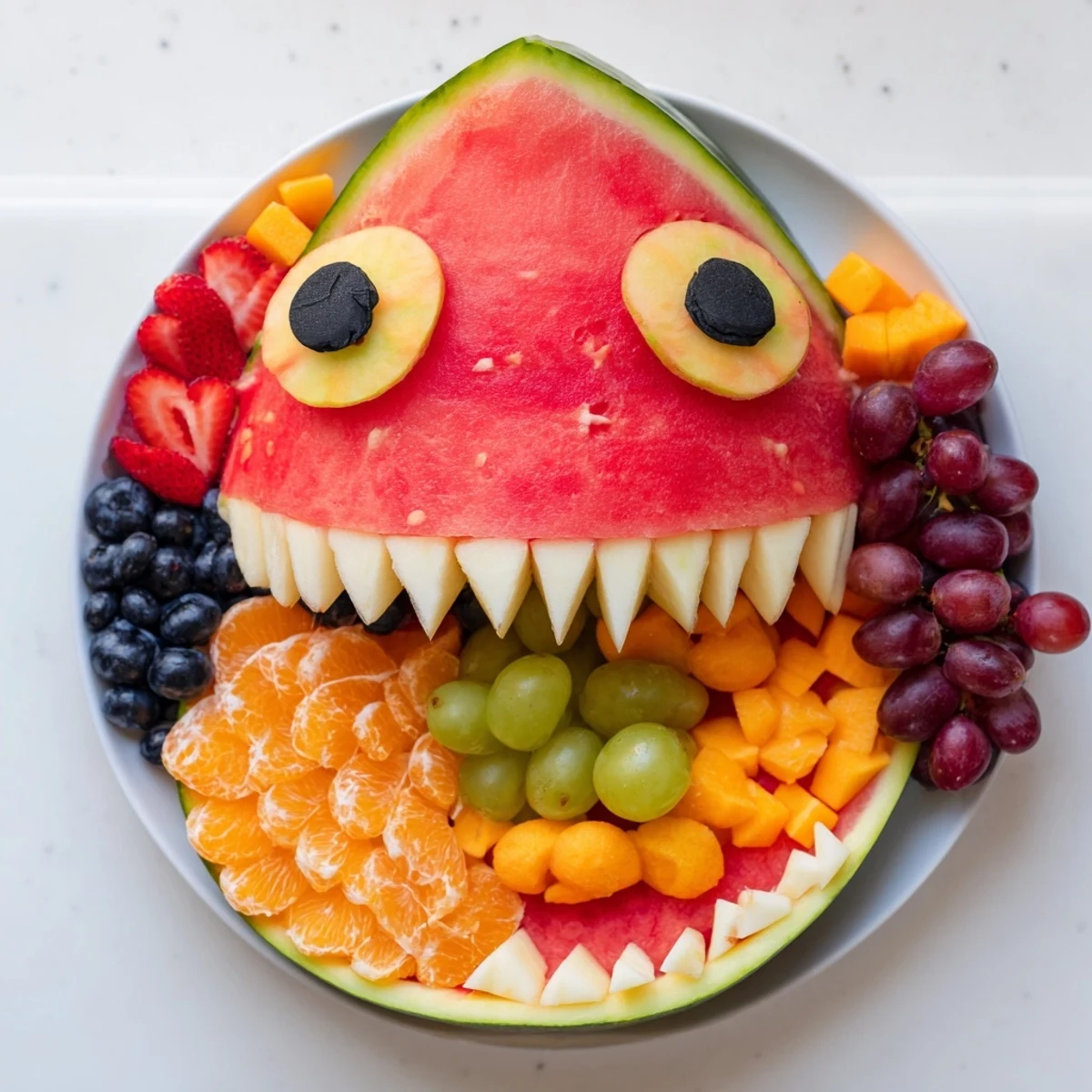 Imagine a colorful Watermelon Shark Bite Board with a smiling watermelon shark full of tasty fruit.