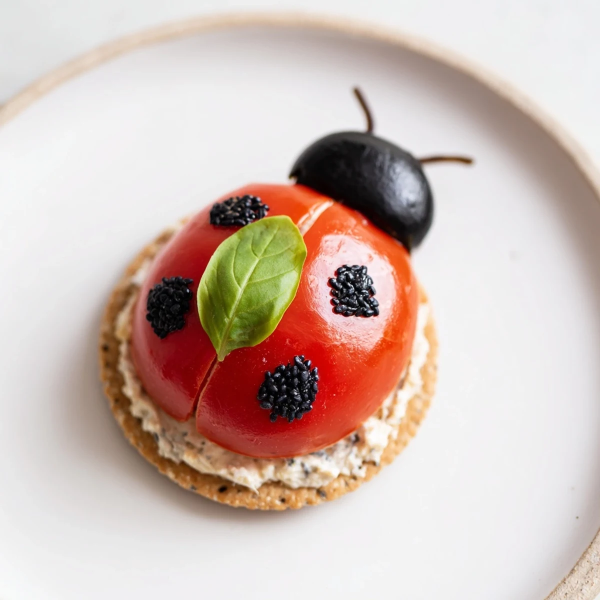 Vibrant Garden Snacks: Ladybug Tomato & Olive Bites arranged on a platter ready to be served and enjoyed.