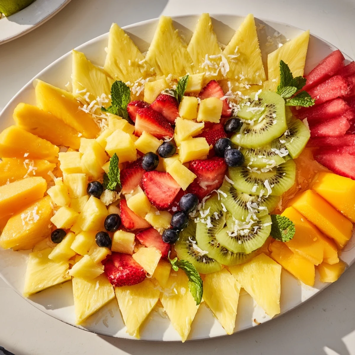 A colorful Tropical Pineapple Sun Fruit Platter with juicy pineapple, vibrant mango, and berries.