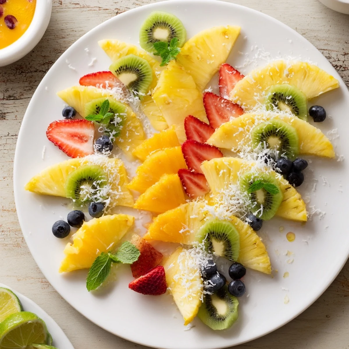 Freshly cut Tropical Pineapple Sun Fruit Platter, ready to serve as a refreshing summer side dish.